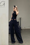 mame kurogouchi viscose hemp high waist pants MM22SS PT036 navy blue